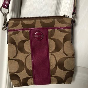 “Coach” crossbody bag (tan with magenta accents)